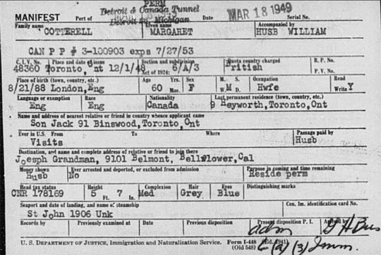 1948 Detroit Customs Immigration card